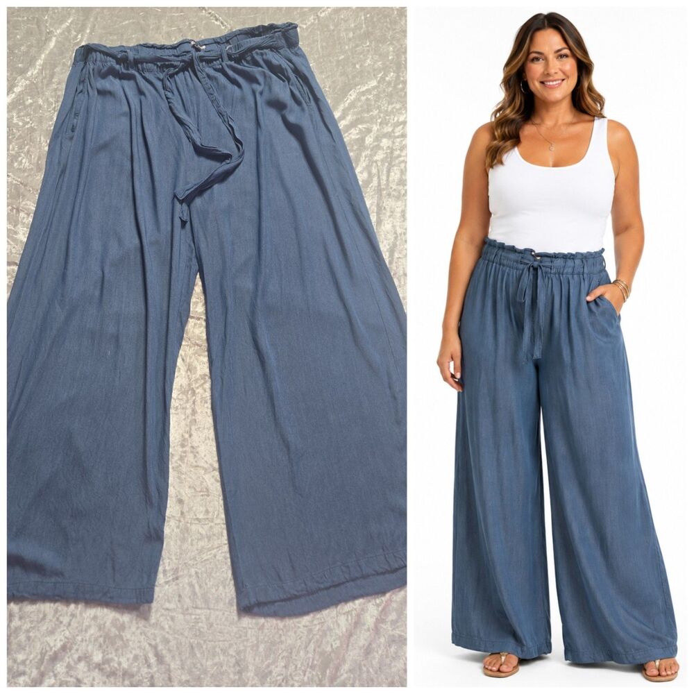 Johnny Was Paper Bag Wide-Leg Blue Tie Pull-On Resort Beach Pants Size 2X